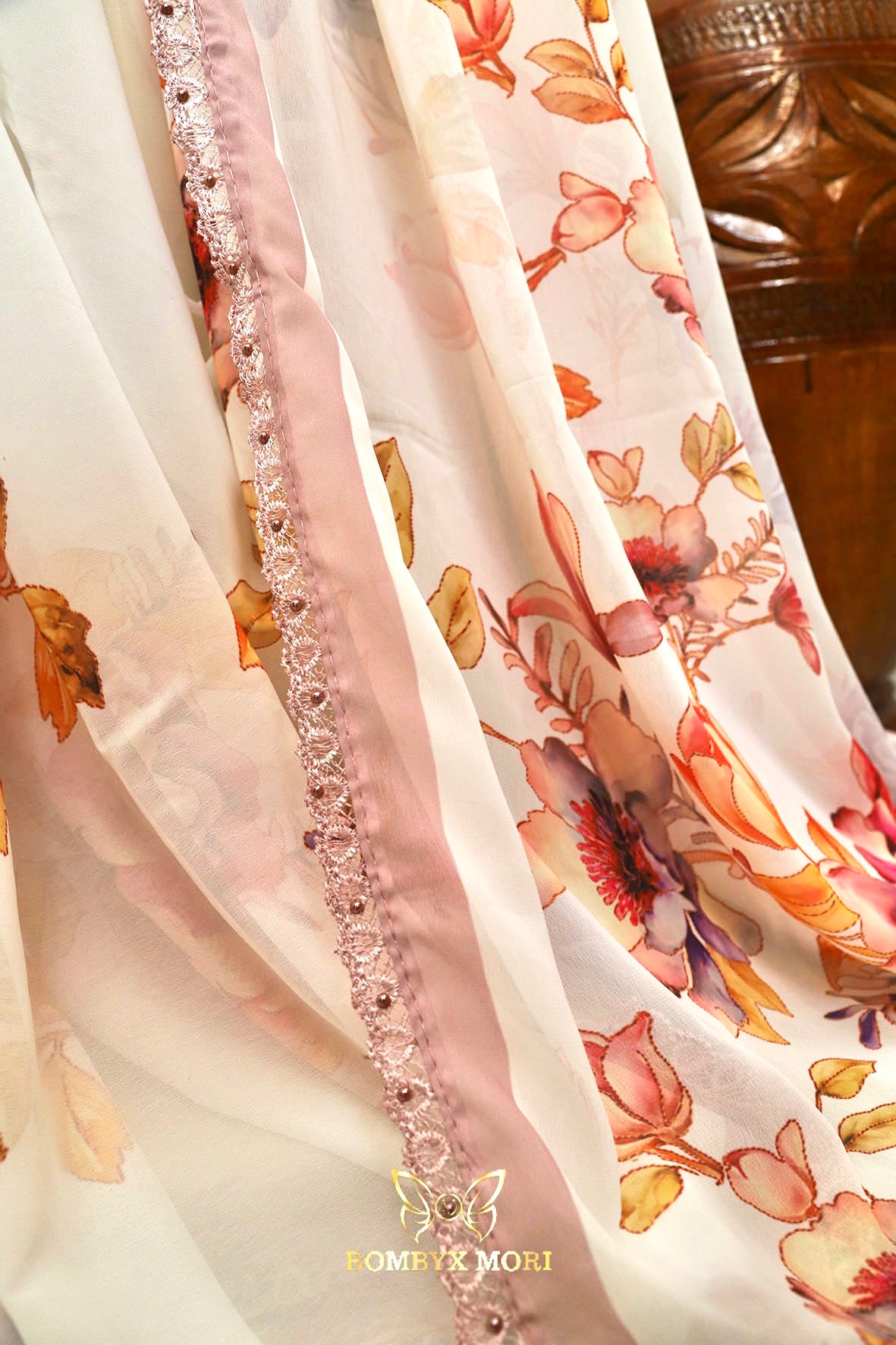 Off-White and Lilac Floral Printed Saree
