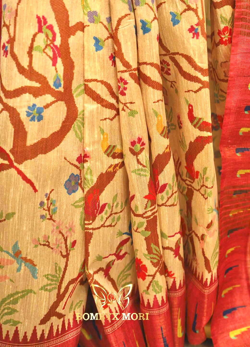 Beige Coral Pink Handloom Saree