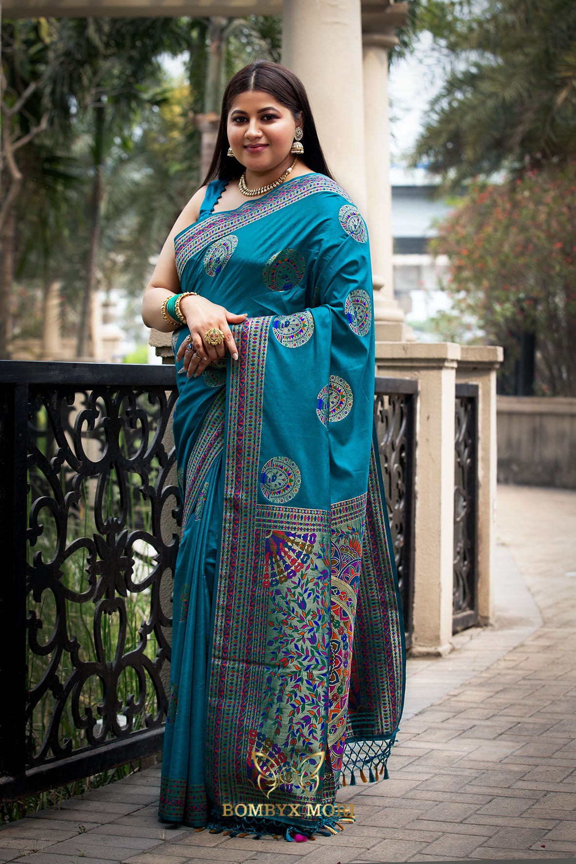 Mithila blue Madhubani silk saree