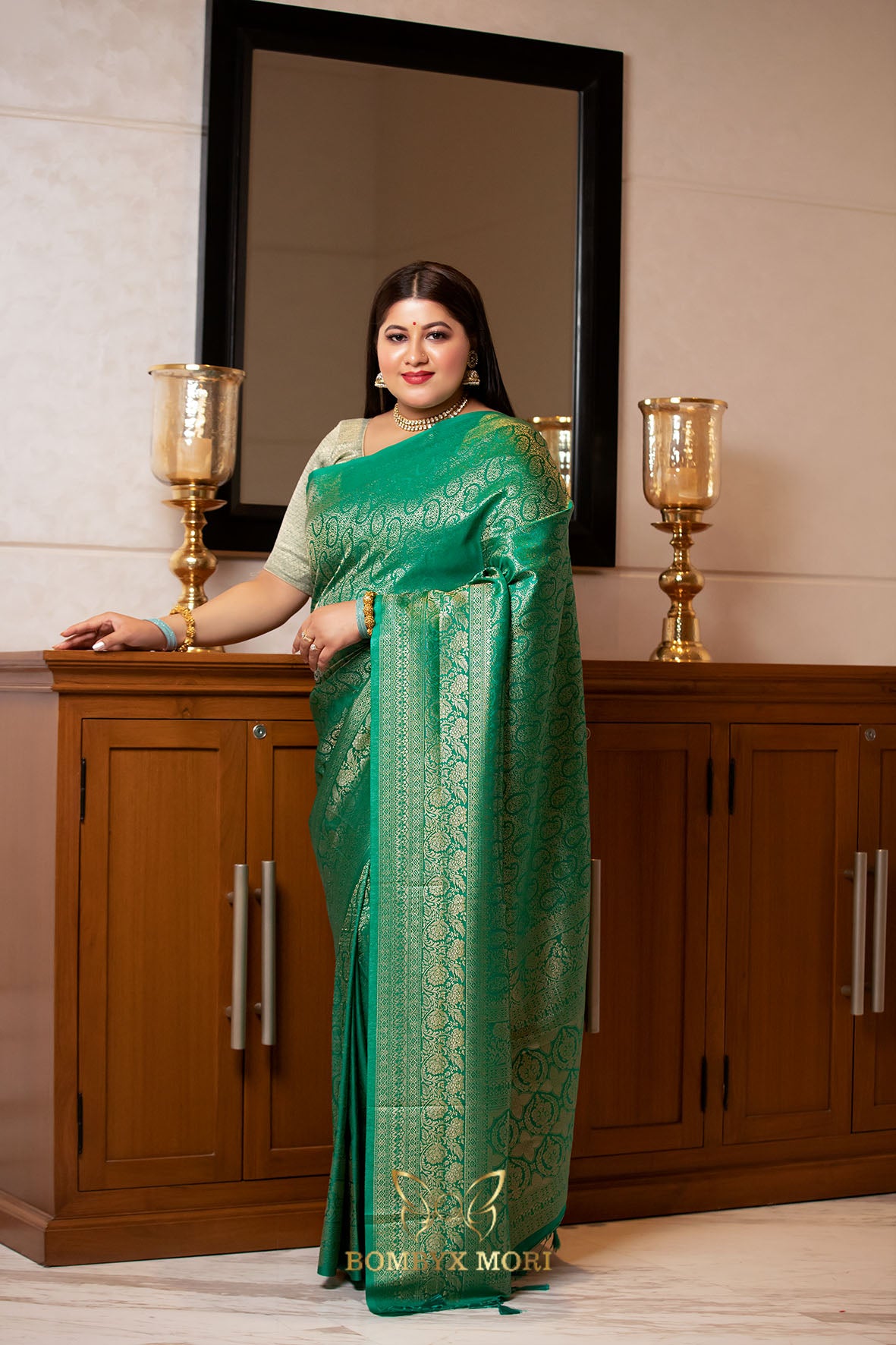 Turquoise blue-green soft brocade saree