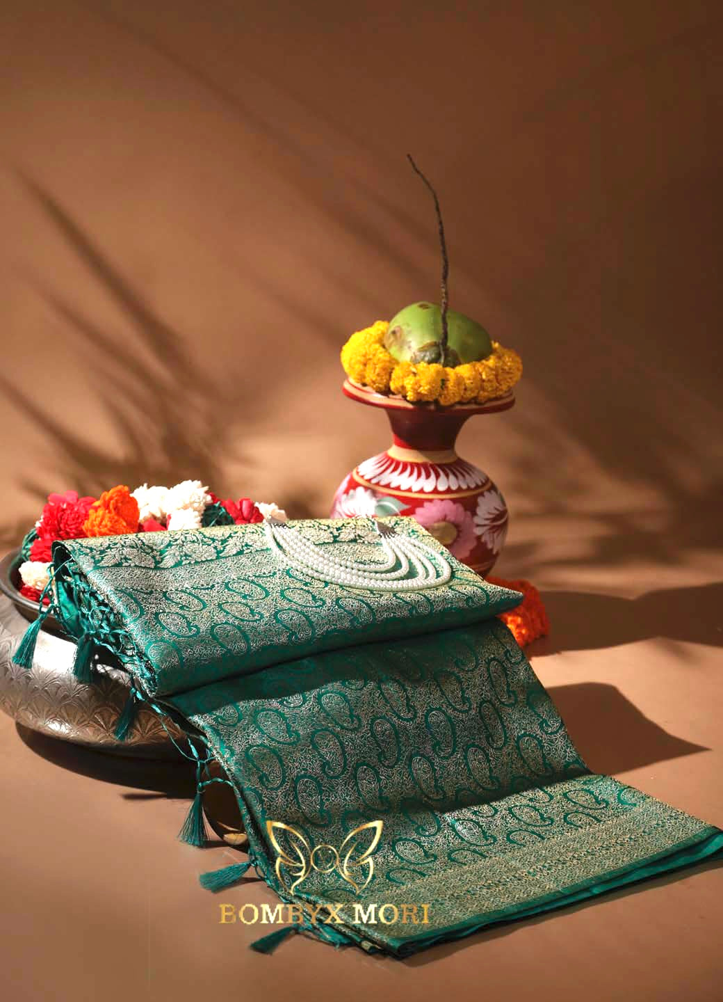 Turquoise blue-green soft brocade saree