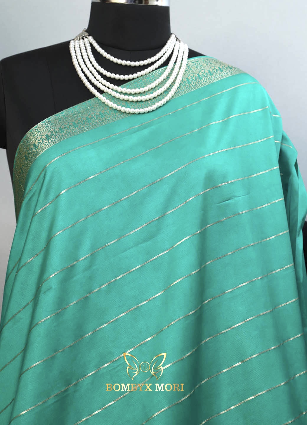 Turquoise blue-green soft brocade saree