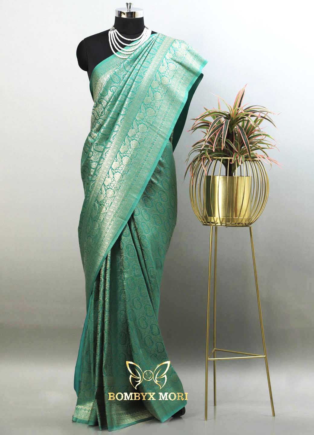 Turquoise blue-green soft brocade saree