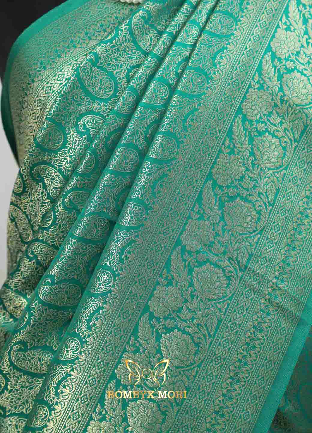Turquoise blue-green soft brocade saree