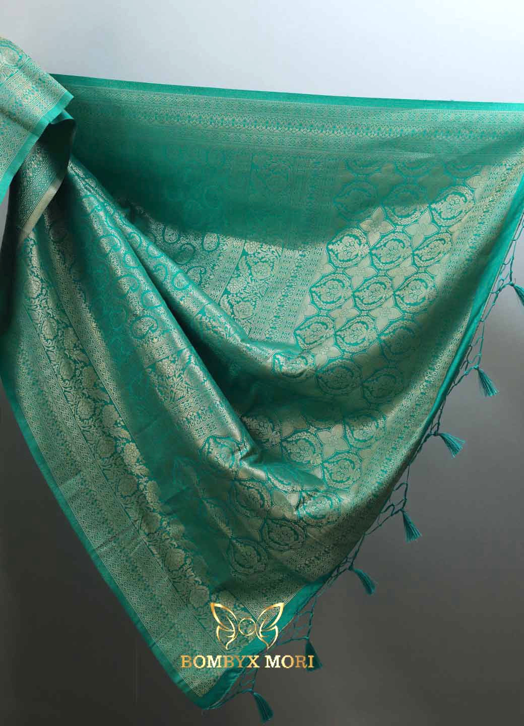 Turquoise blue-green soft brocade saree