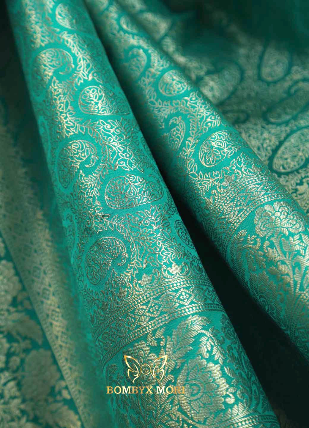 Turquoise blue-green soft brocade saree
