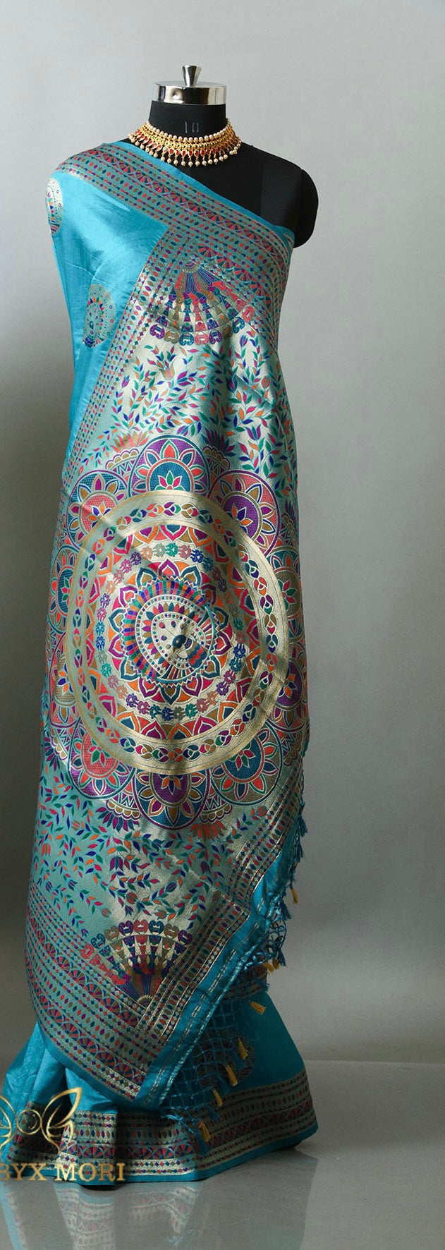 Mithila blue Madhubani silk saree