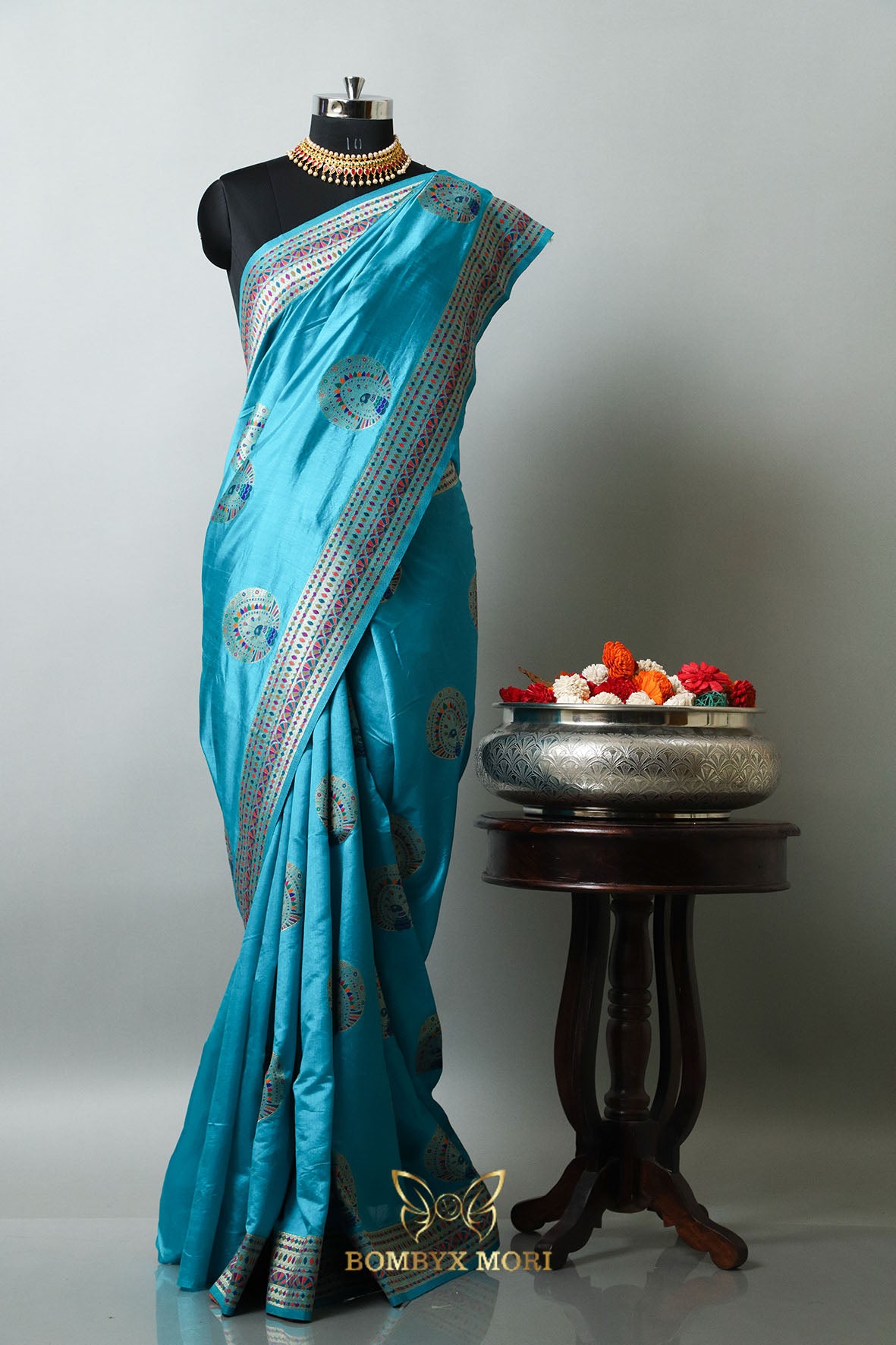 Mithila blue Madhubani silk saree