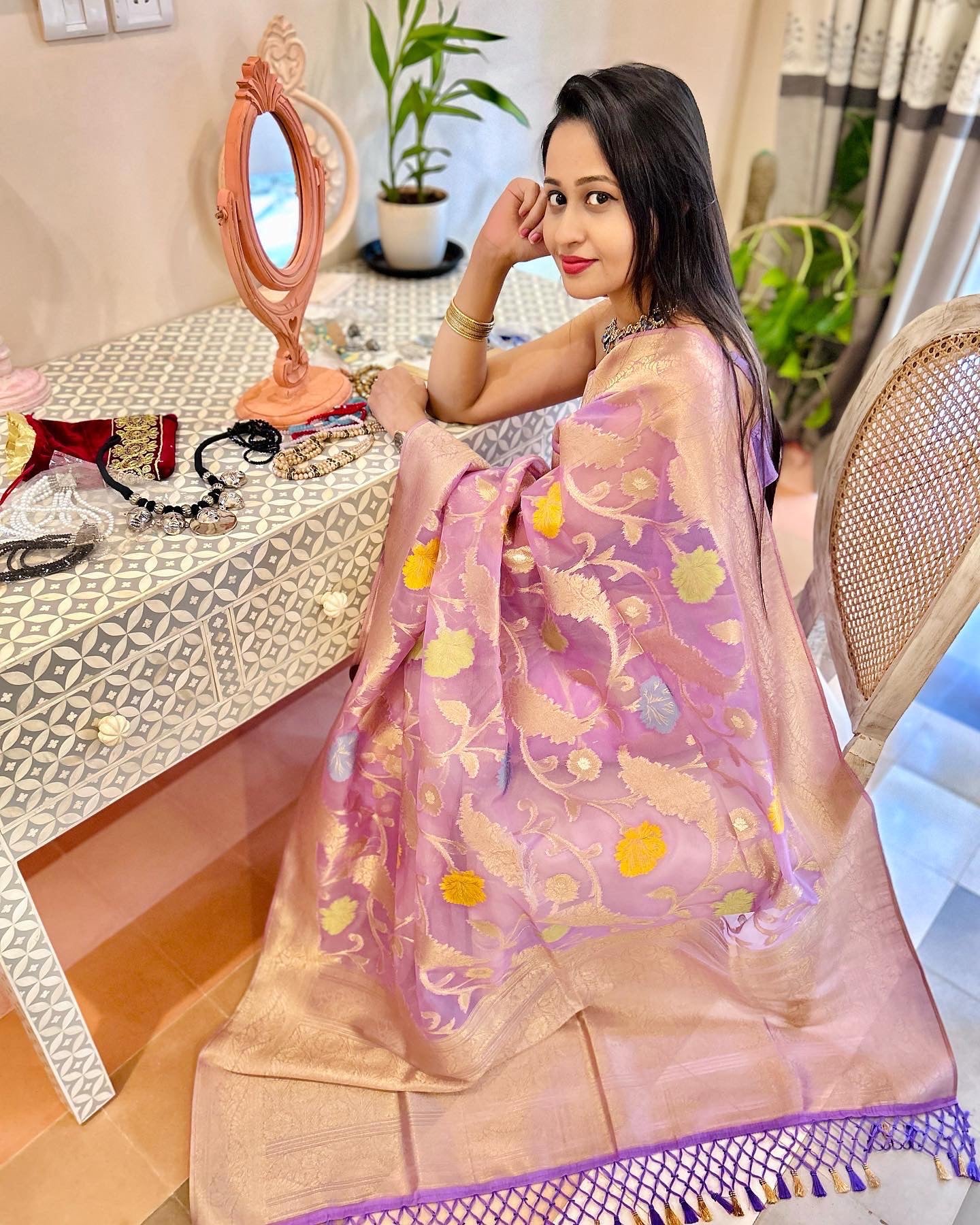 Floral Purple Organza Saree