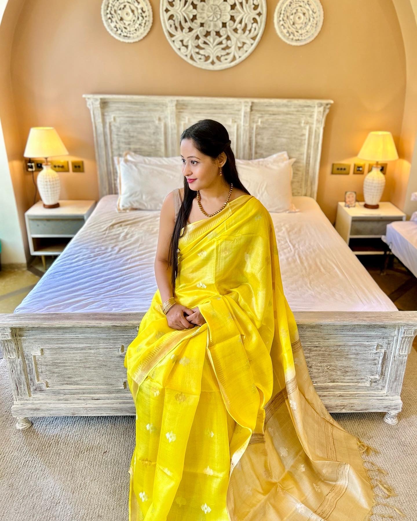 Lemon Yellow and Beige Bhagalpuri Silk Saree