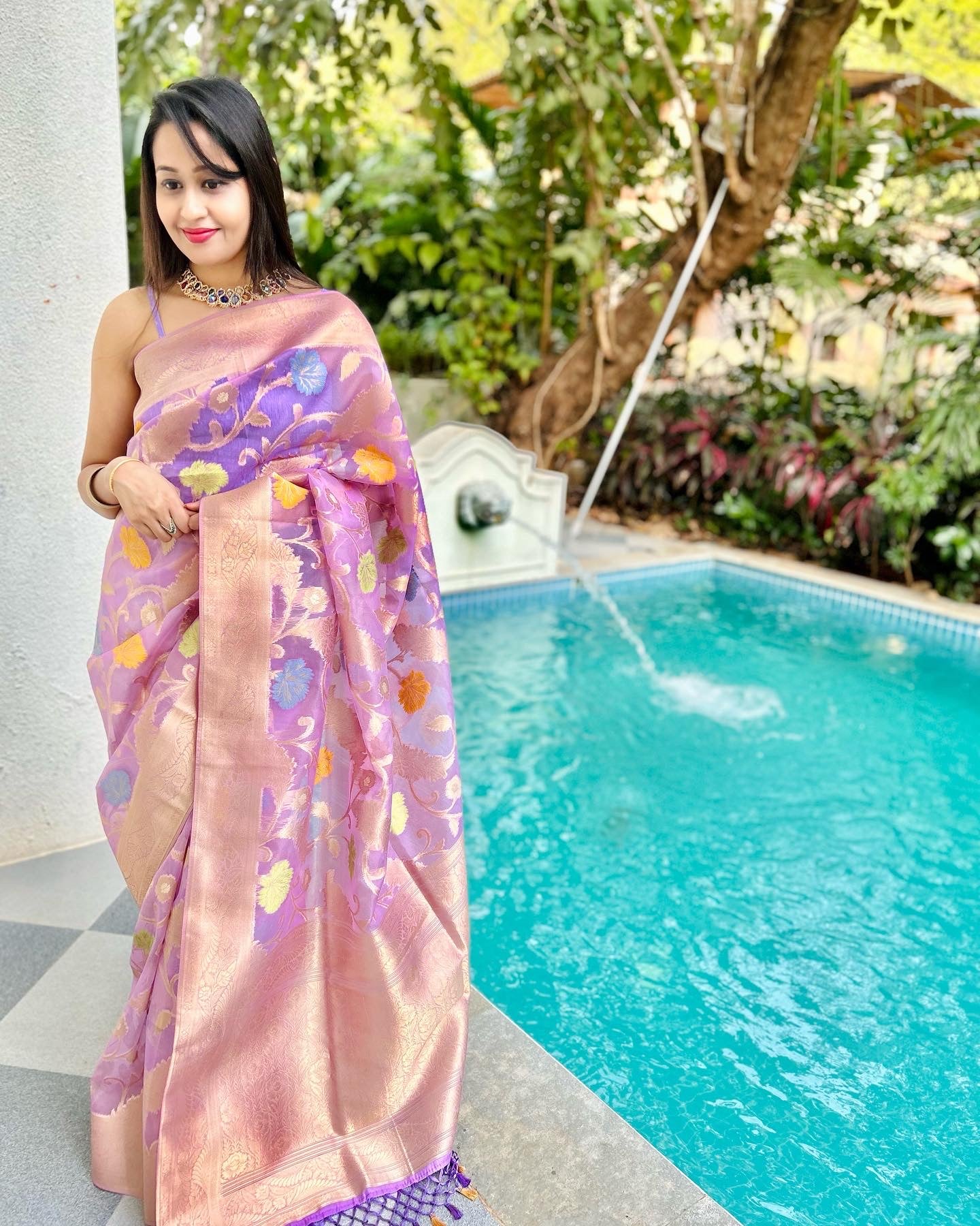 Floral Purple Organza Saree