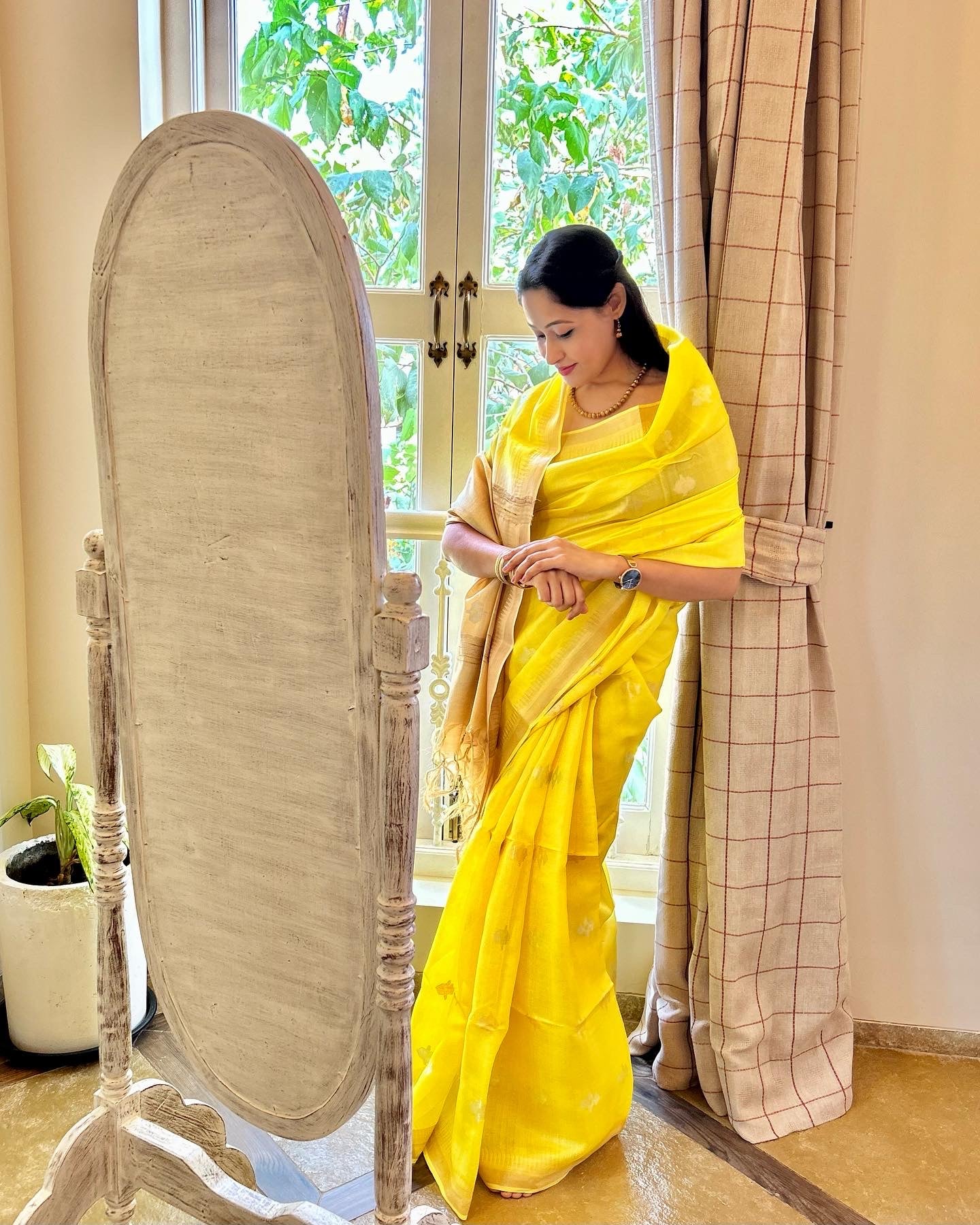 Lemon Yellow and Beige Bhagalpuri Silk Saree