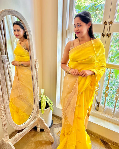 Lemon Yellow and Beige Bhagalpuri Silk Saree