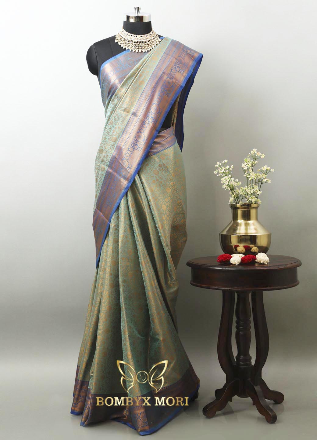 Pistachio Green and Neon Blue Bombyx Banarasi saree