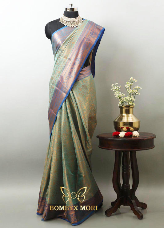 Pistachio Green and Neon Blue Bombyx Banarasi saree