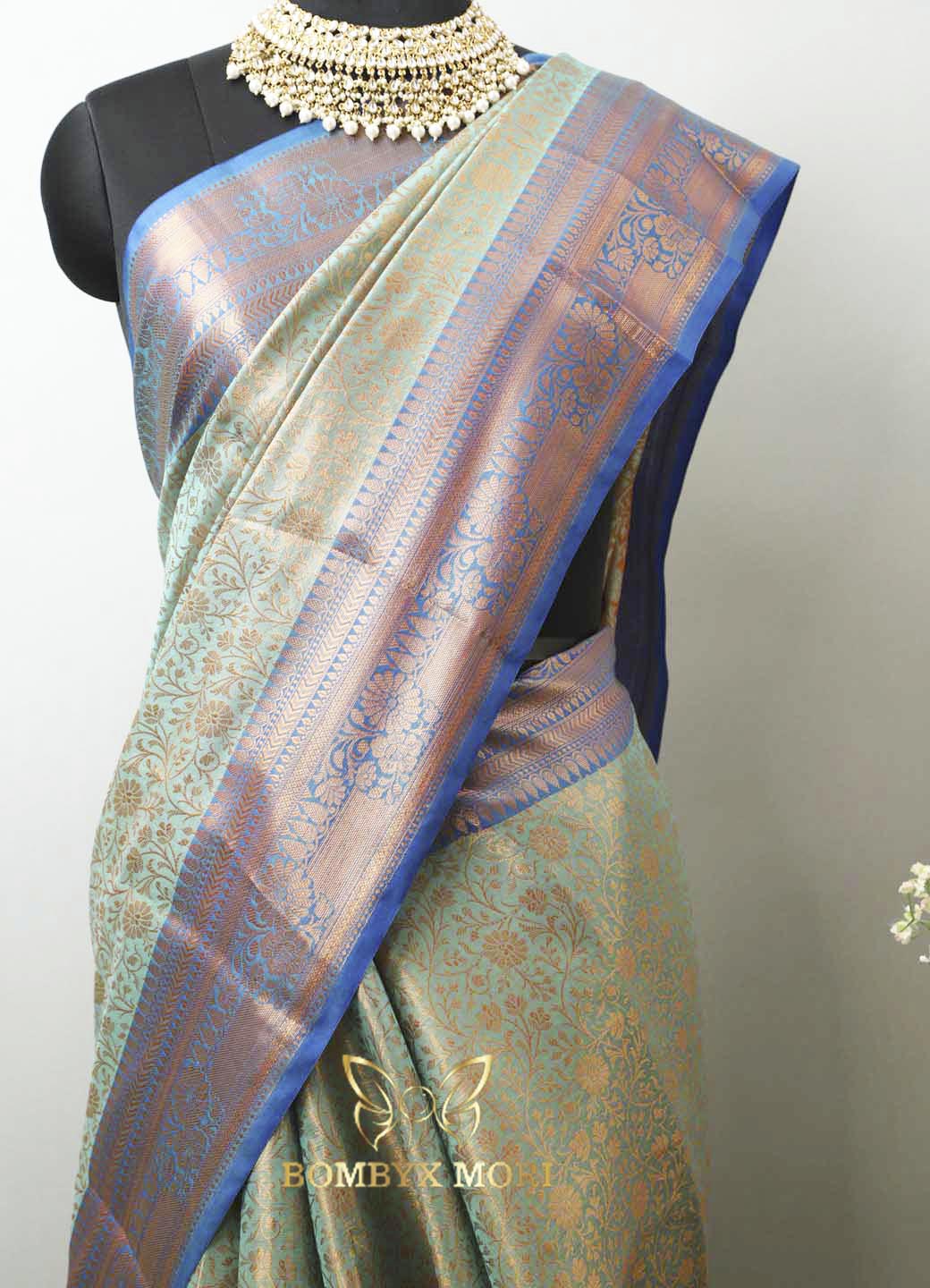 Pistachio Green and Neon Blue Bombyx Banarasi saree