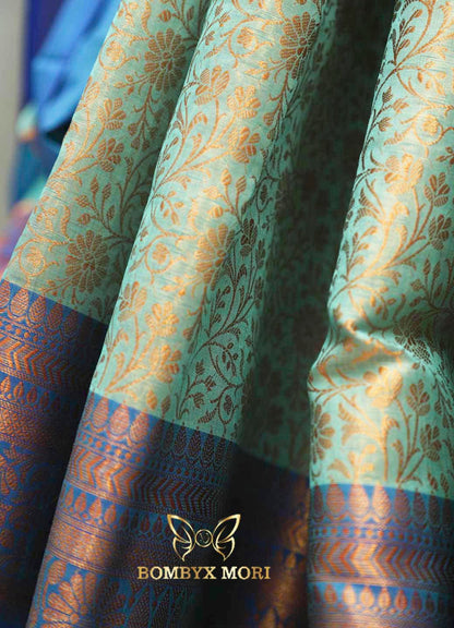 Pistachio Green and Neon Blue Bombyx Banarasi saree