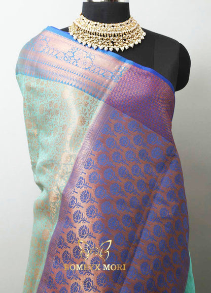 Pistachio Green and Neon Blue Bombyx Banarasi saree