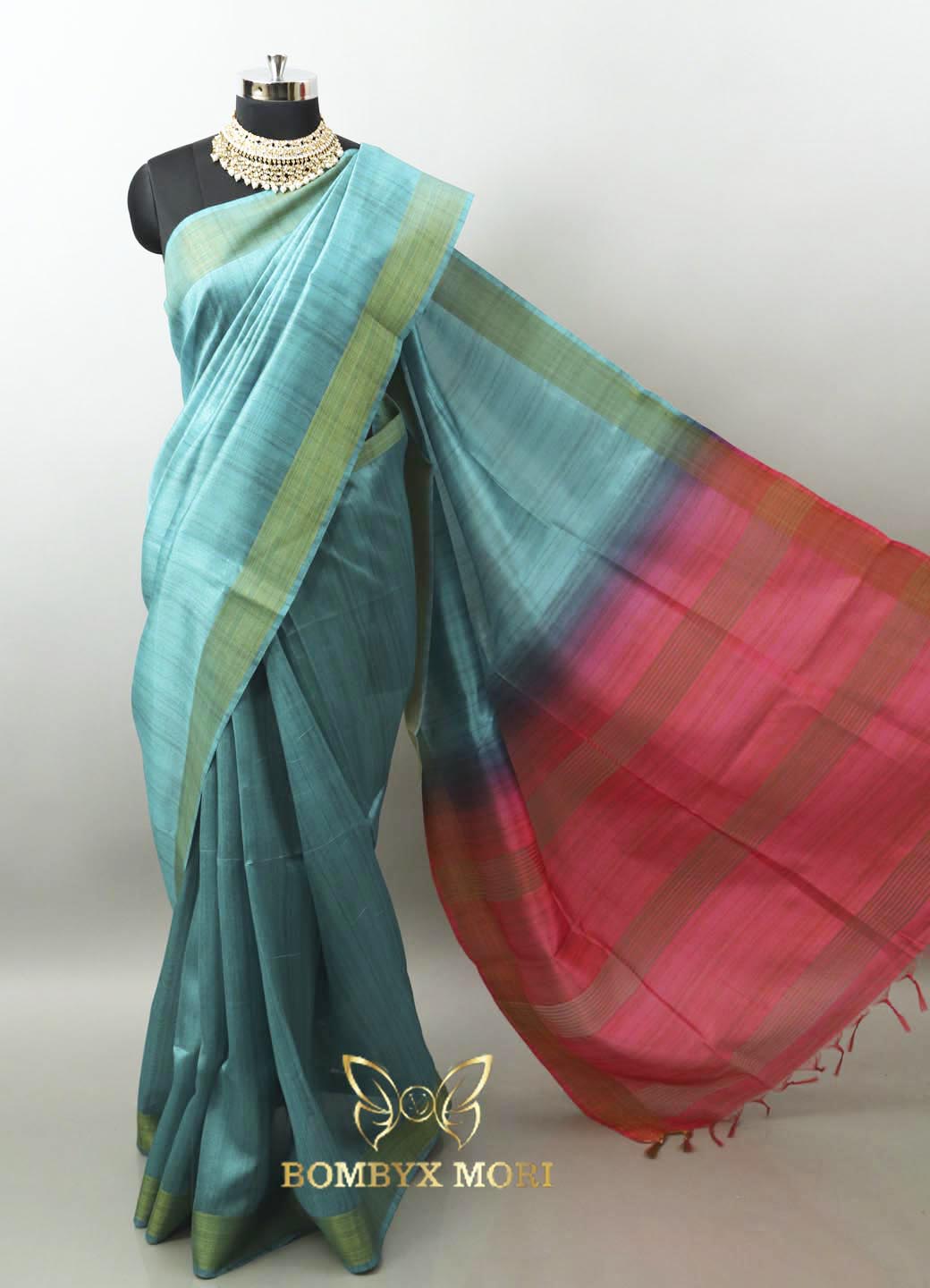 Teal and Hot Pink Bhagalpuri Saree