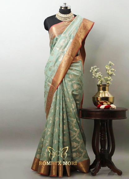 Mint Green and Red Bombyx Banarasi saree