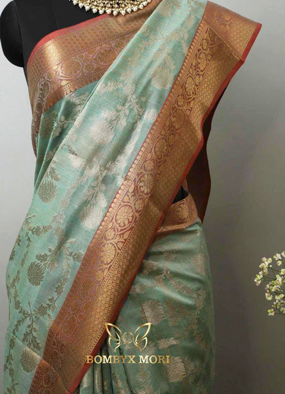 Mint Green and Red Bombyx Banarasi saree