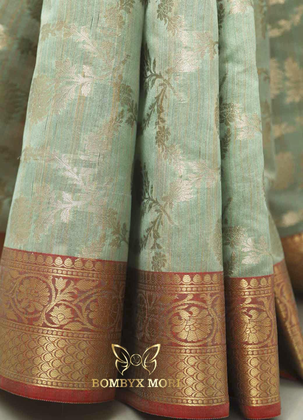 Mint Green and Red Bombyx Banarasi saree