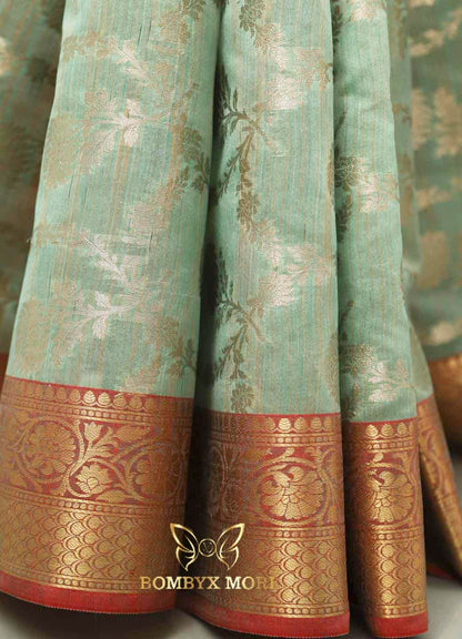 Mint Green and Red Bombyx Banarasi saree