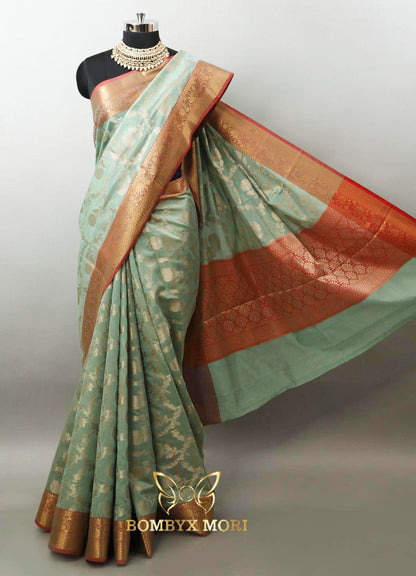 Mint Green and Red Bombyx Banarasi saree