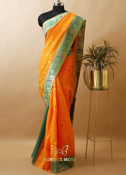 Yellow and Mint Baluchari green Saree