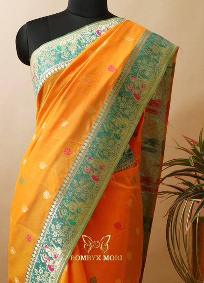 Yellow and Mint Baluchari green Saree