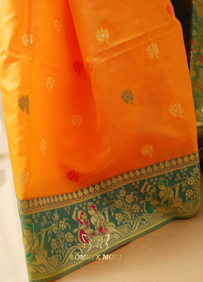 Yellow and Mint Baluchari green Saree