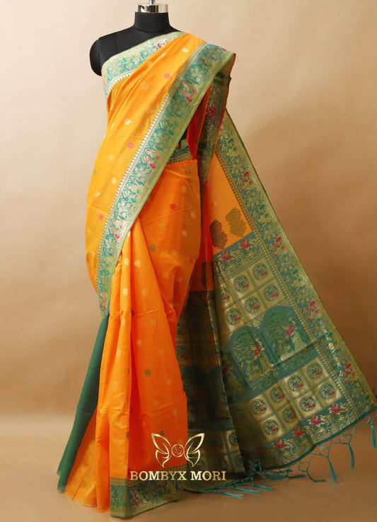 Yellow and Mint Baluchari green Saree