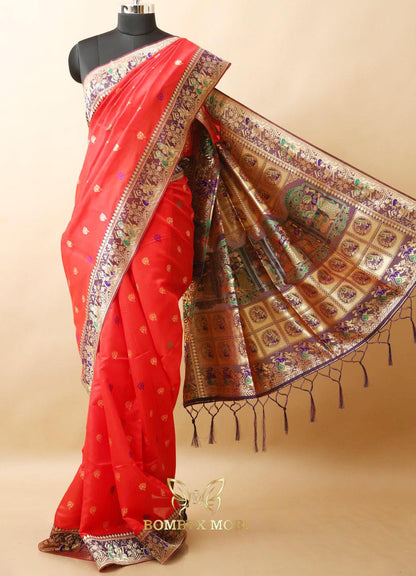 Red and violet  Baluchari saree