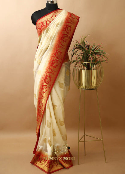 Cream and Red Baluchari saree