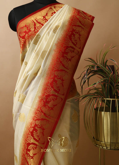 Cream and Red Baluchari saree