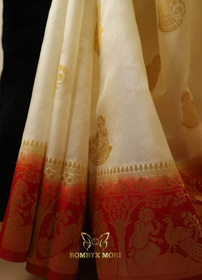 Cream and Red Baluchari saree