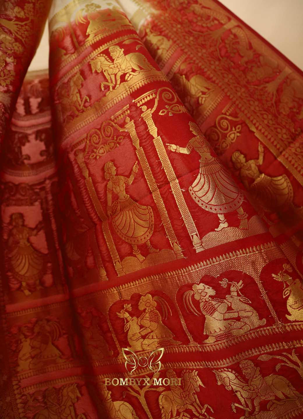 Cream and Red Baluchari saree