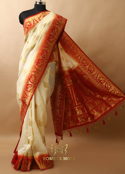 Cream and Red Baluchari saree