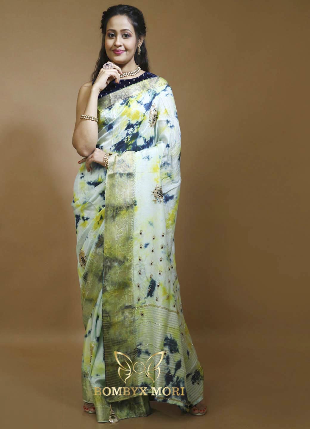 Blue Green Yellow Tie Dye Rajwada Saree