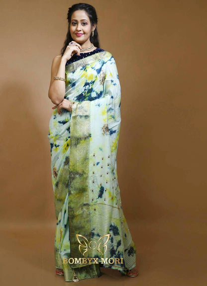 Blue Green Yellow Tie Dye Rajwada Saree