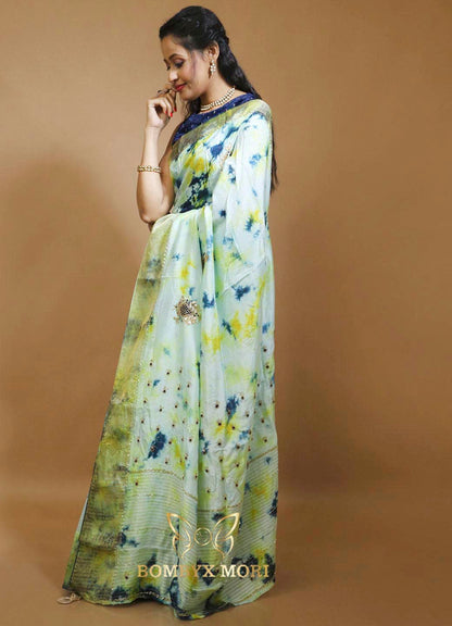 Blue Green Yellow Tie Dye Rajwada Saree