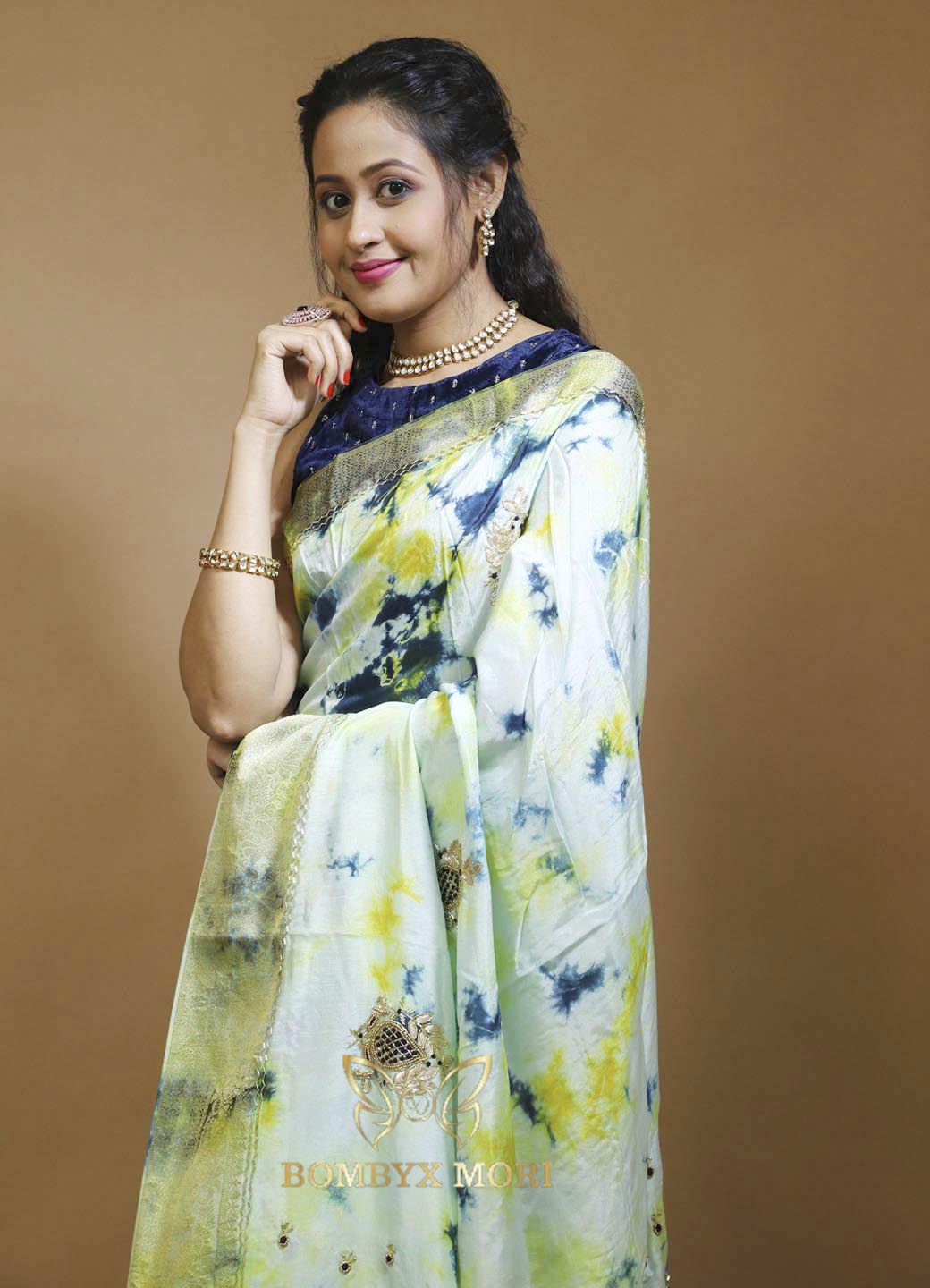 Blue Green Yellow Tie Dye Rajwada Saree