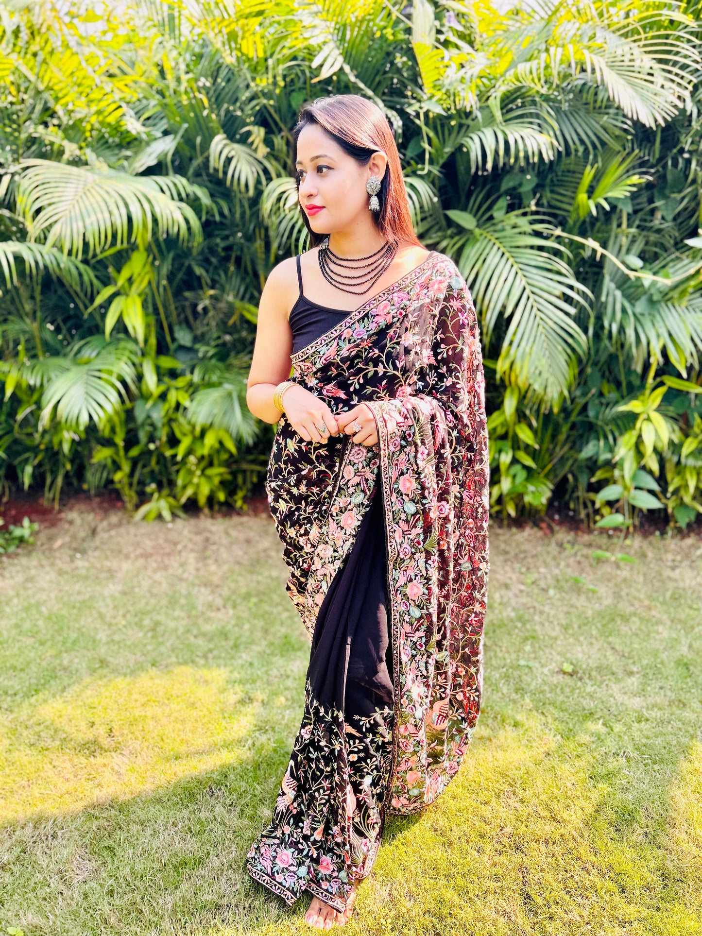 Midnight Enchanting Flamingo Leaf Saree