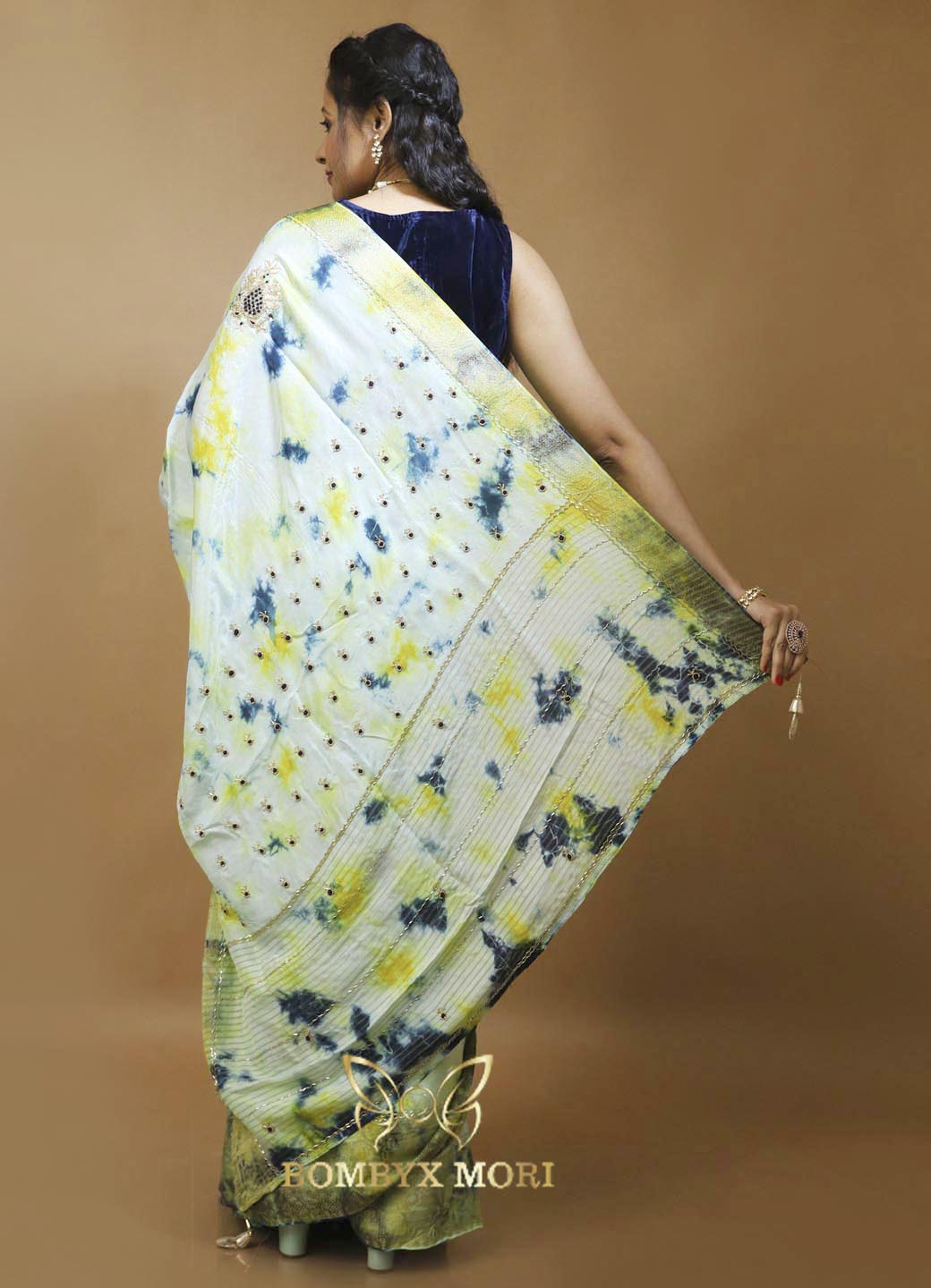 Blue Green Yellow Tie Dye Rajwada Saree