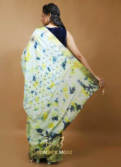 Blue Green Yellow Tie Dye Rajwada Saree