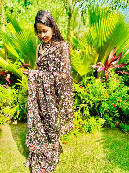 Midnight Enchanting Flamingo Leaf Saree