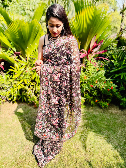 Midnight Enchanting Flamingo Leaf Saree