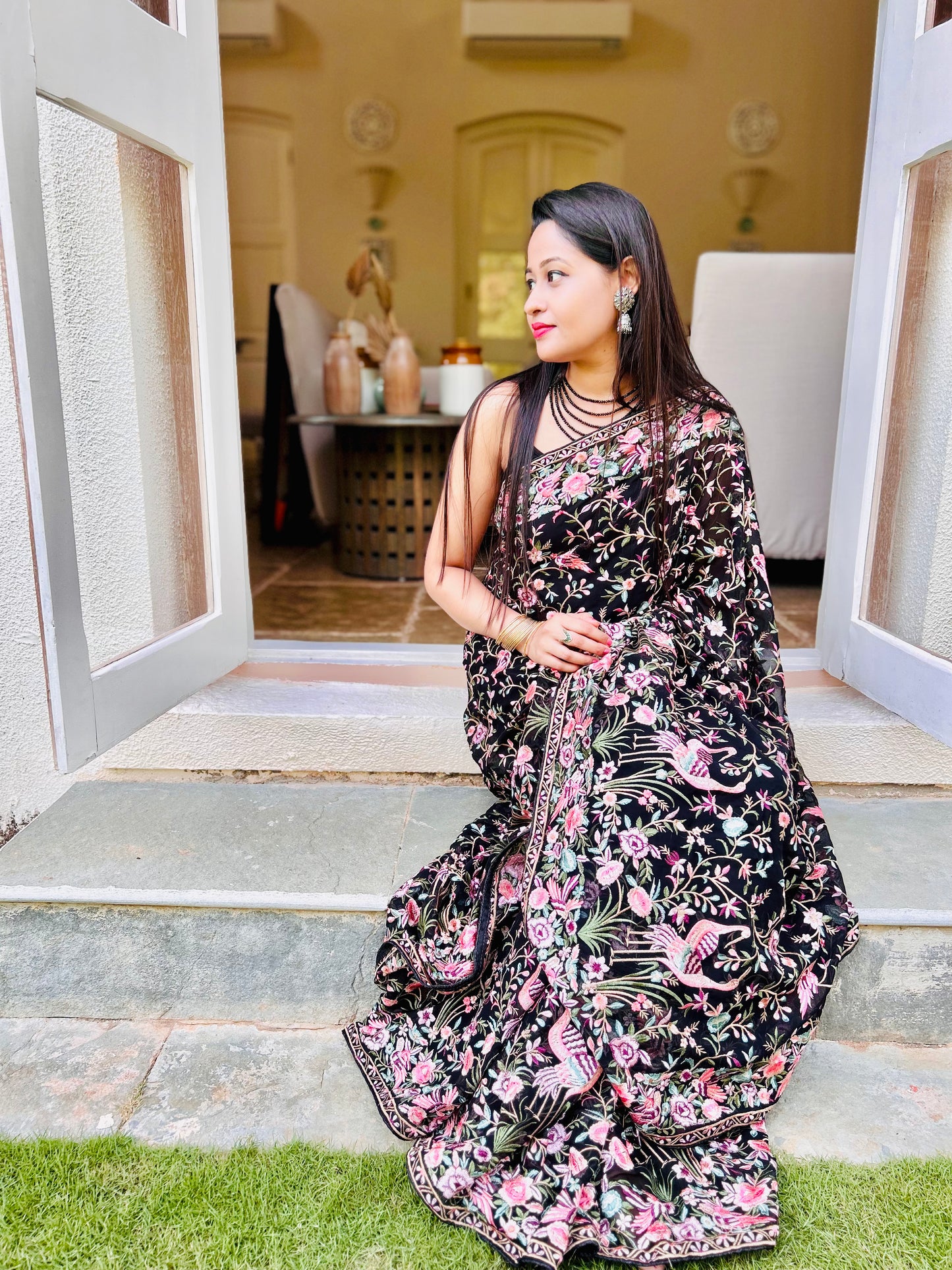 Midnight Enchanting Flamingo Leaf Saree