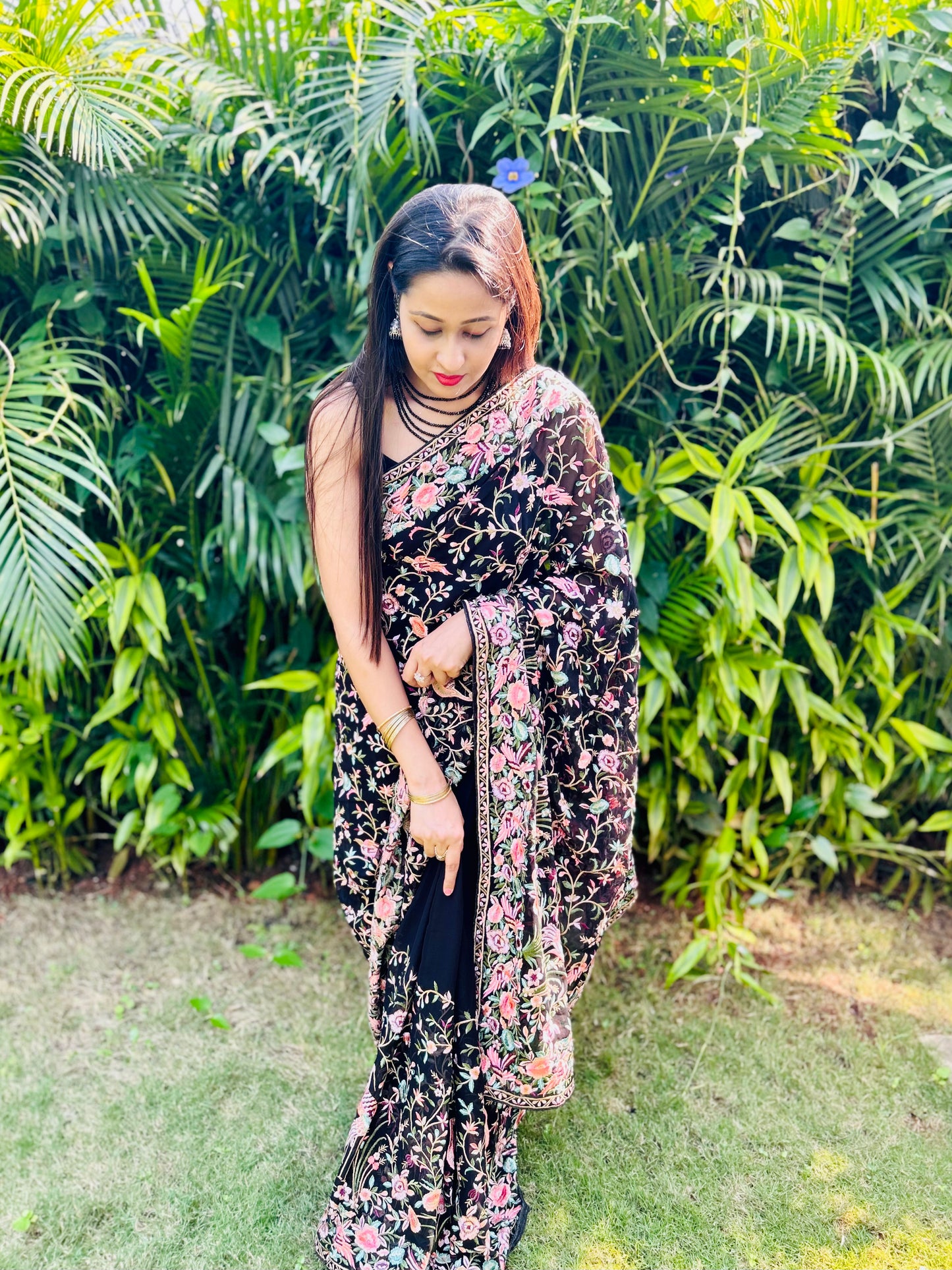 Midnight Enchanting Flamingo Leaf Saree