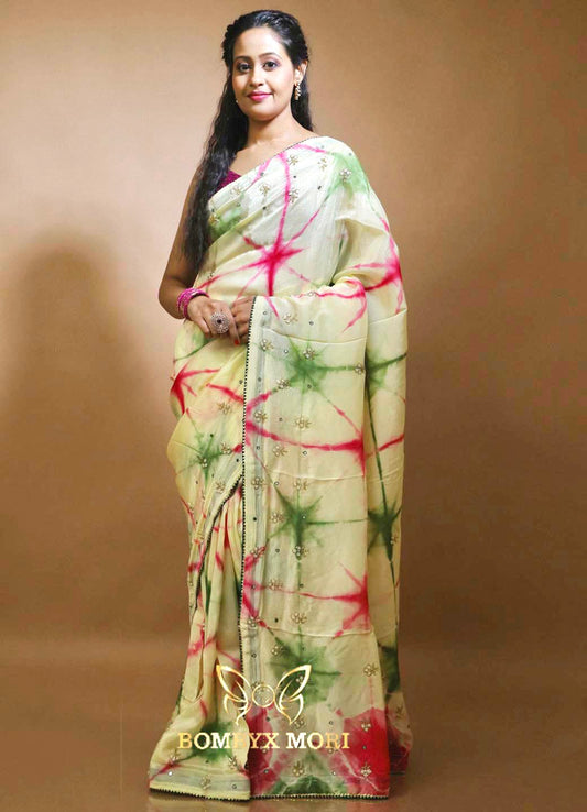 Pink Green Tie-Dye Royal Rajwada saree